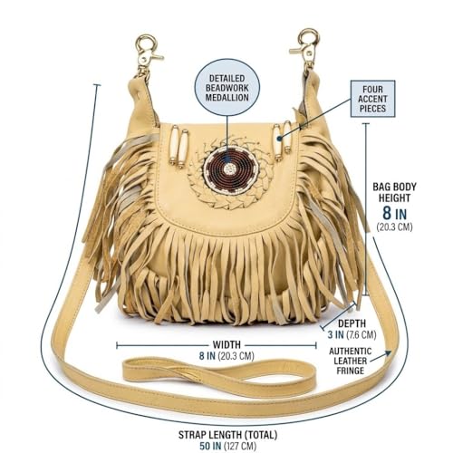 Women’s Genuine Leather Crossbody Belt Bag with Fur Fringe, Braided Bead Handcrafted Design, Clip-On Hip Fanny Pack with Jeans Loop, (J2400LB, Beige) - color: J2400LB-Beige