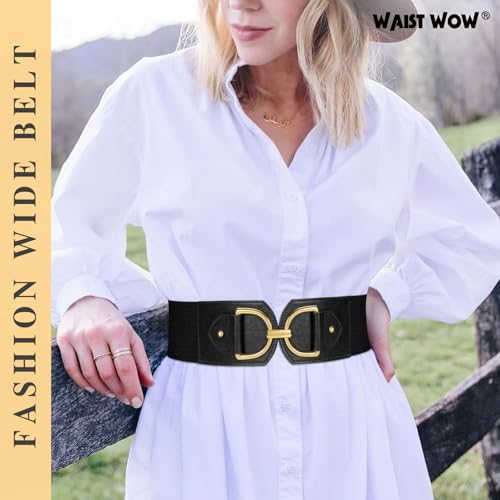 Wide Belts for Women Fashion Elastic Belt for Dresses Vintage Waist Belt Ladies Stretchy Belt Gold Buckle - color: Black(gold), size: Fit Waist Size 31"-34"