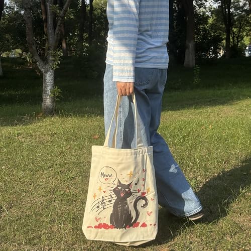 Canvas Tote Bag with Zipper for Women, Aesthetic Tote Bag with Pocket for Vacation, Shopping, Travel, Beach - style: Cat Music-01