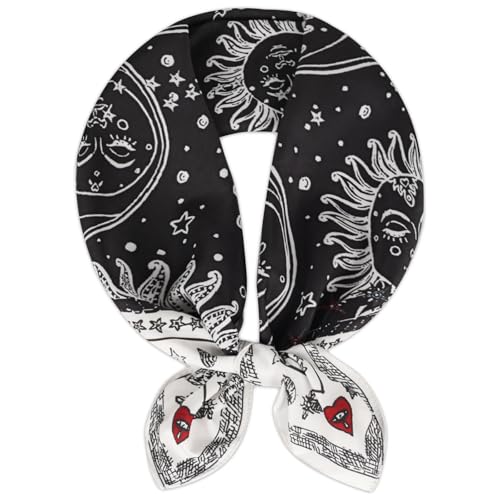Relang Fashion Silk Satin Head Scarf for Women Hair Bandana Hair Scarf Wrap Neck Scarf for Women 27.5×27.5 inches - color: Black Classic Sun Pattern