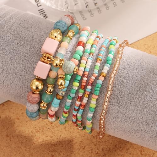 IFKM 8PCS Beaded Bracelets for Women, Multilayered Stackable Strand Stretch Bead Bracelet Pack Handmade Trendy Bohemian Charm Jewelry - color: Colorful