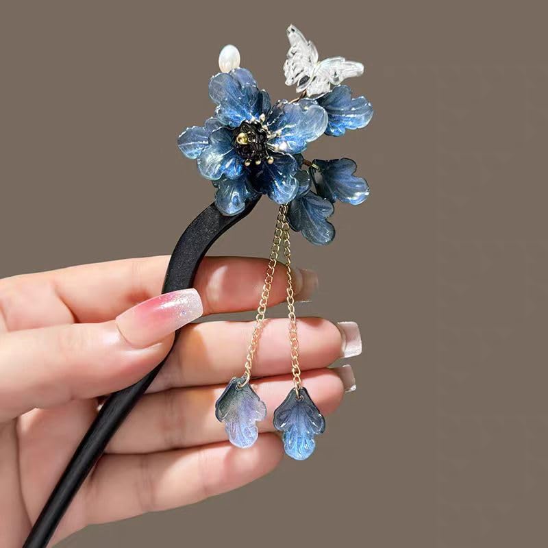 Blue Resin Plum Blossom Hairpin with Wooden Stick & Elegant Tassel - Chinese Hanfu Vintage Hair Accessory for Women, Symbolic Floral Hair Stick (Blue Plum Blossom) - color: Blue Plum Blossom