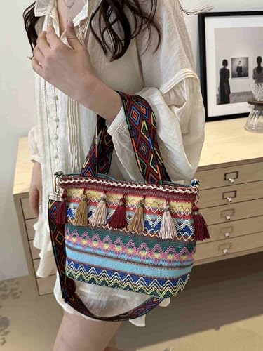 boho western crossbody bags for women, boho hippie handbag tote bag, fringe colorful multi color canvas purse