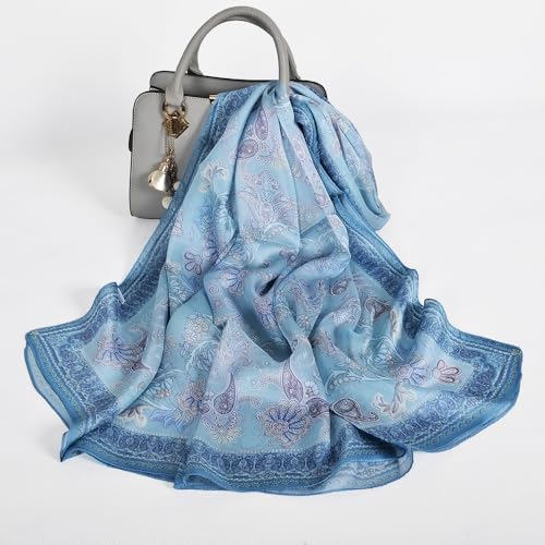 100% Mulberry Silk Women's Neck Silk Scarf-Lightweight Shawl,FLoral Print Beach Silk Wrap-Scarves for Photography - color: Grey Blue