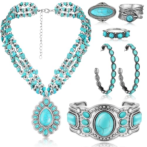 Ecally Bohemian Western Jewelry Turquoise Set Women Country Pendant Long Choker Layered Bracelets Earrings Ring for Women - color: Turquoise, style: Rustic