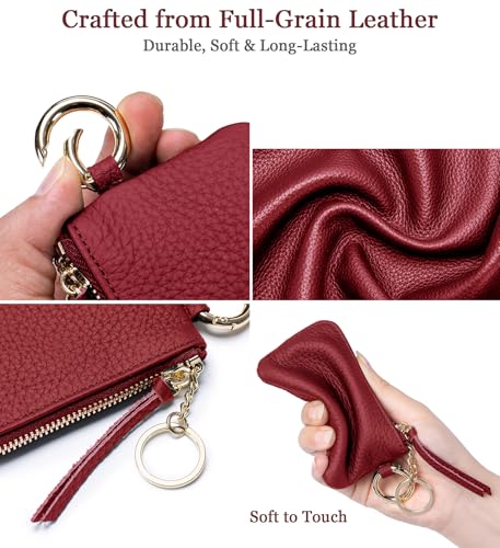 Mini Coin Wallet for Women – Genuine Leather Zipper Coin Purse with Wrist Strap & Keychain, Compact Change Holder & Travel Wallet with Gift Box (Wine Red) - color: Wine Red