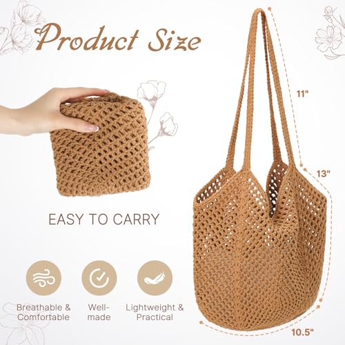 Tavaleu Crochet Tote Beach Bags for Women, Mesh Beach Tote Knit Bag, Summer Vacation Aesthetic Boho Hobo Shoulder Bag - color: Khaki - Mesh Crochet