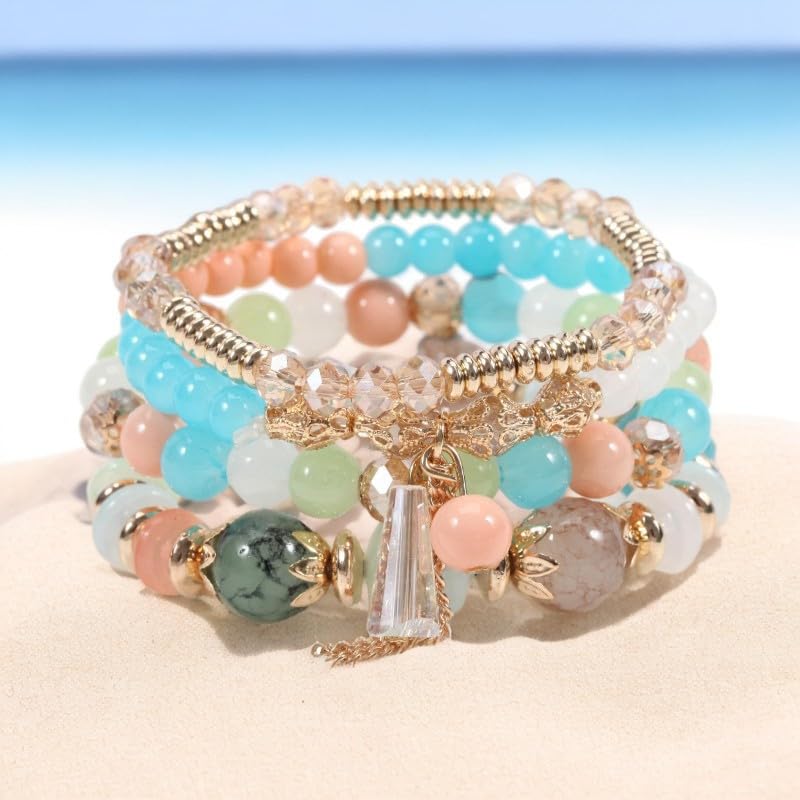 Caiyao 4Pcs Bohemia Multilayer Stackable Beaded Bracelets Set Colorful Crystal Stone Gold Beaded Stretch Bracelets Hawaii Charm Bracelet for Women Men Summer Beach Boho Vacation Jewelry Gifts - color: Mix