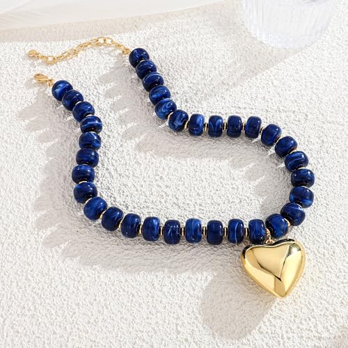 WOWORAMA Chunky Heart Necklaces for Women Colorful Resin Beaded Choker Necklace Gold Puffy Heart Statement Necklace Trendy Acrylic Choker Jewelry - color: Navy-Blue