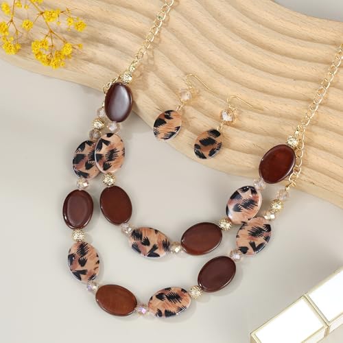 2 Layered Chunky Beaded Shell Necklace for Women Sea Shell blue/yellow/red/green/turquoise/teal/white Statement Necklace and Earring Set Elegant Women Necklace Set Jewelry Sets for Women - color: leopard/brown