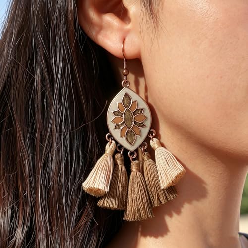 Wooden Leather Necklaces Set Bohemian Wood Stack Discs Long Chain Hemp Rope Bronze Plated Pendant Ethnic Tribal Fall Leaf Earrings Jewelry Statement Necklace - color: R-049