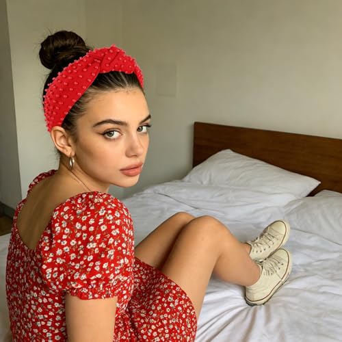 YISSION Red Beaded Knotted Headband, Wide Non-Slip Padded Top Knot Hairband for Women & Girls, 4th of July Independence Day Party Hair Accessories - color: Red