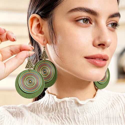 4 Pairs Vintage Boho Earrings for Women Green Bohemian Geometric Tassel Leaf Dangle Earrings Jewelry Accessories Gifts for Beach Festival & Everyday Wear - color: Green A