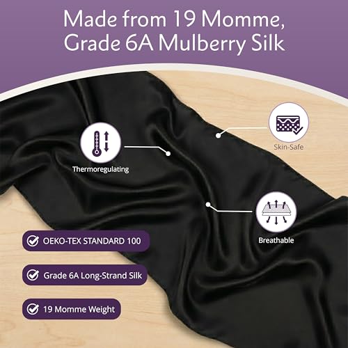 100% Mulberry Silk Head Scarf Large 36" - 19 Momme Women's Hair Wrap for Sleeping, Reduce Frizz & Damage, Natural Soft Silk - color: Black