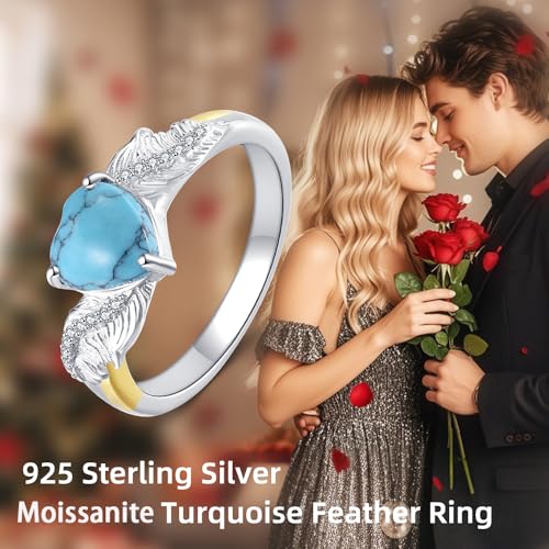 Turquoise Feather Ring 925 Sterling Silver 7mm Heart Turquoise Vintage Western Rings Jewelry Gifts for Women Chritmas Mother's Day