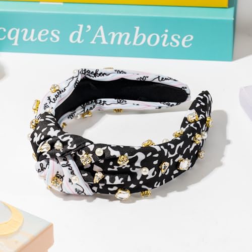 PANTIDE Teacher Jeweled Knotted Headband - Back to School Composition Notebook Rhinestone Pearl Embellished Headband Top Knot Hair Accessories Teacher Appreciation Gift For Women Girls (Black White) - color: Black White Teacher