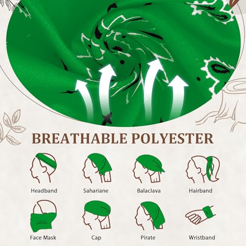 12 Pack Bandanas Unisex Paisley Cowboy Bandanas Bulk Multi Purpose Headband Scarf for Men Women Costume - color: Green, style: Modern