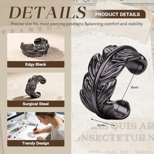 Gothic Ear Cuffs Helix Cartilage Clip on Goth Ear Cuff Stainless Steel Hypoallergenic Earrings for Women Men Non Piercing Gold & Silver Fake Earring Lightweight Punk Jewelry Gift - color: L3-Black Leaf Design