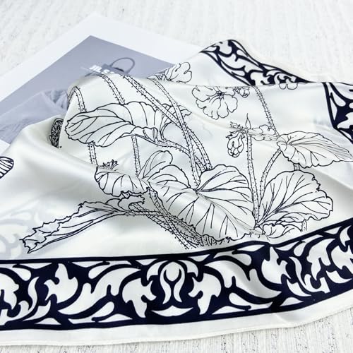 Women's Small 21 inch 100% Silk Scarf Bandana for Head Neck Hair | 100% Mulberry Silk Lightweight Designs Gift-Ready Packaging For Hair Fashion 21"x21" Printed - color: 105white Black