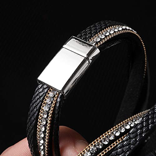 Fesciory Leather Wrap Bracelets for Women, Boho Leopard Multi-Layer Crystal Beads Cuff Bracelet Jewelry - color: Black Stone1