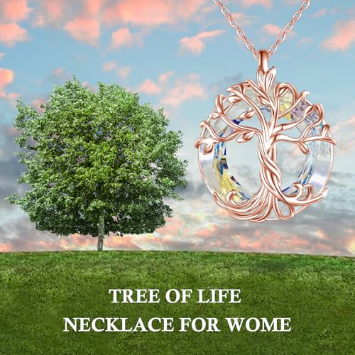 TOUPOP Tree of Life Necklace Gifts for Women 925 Sterling Silver Family Tree Pendant with Crystal Birthday Irish Jewelry Gifts for Women Her Wife Mom - color: 02-Rose Gold-White Crystal