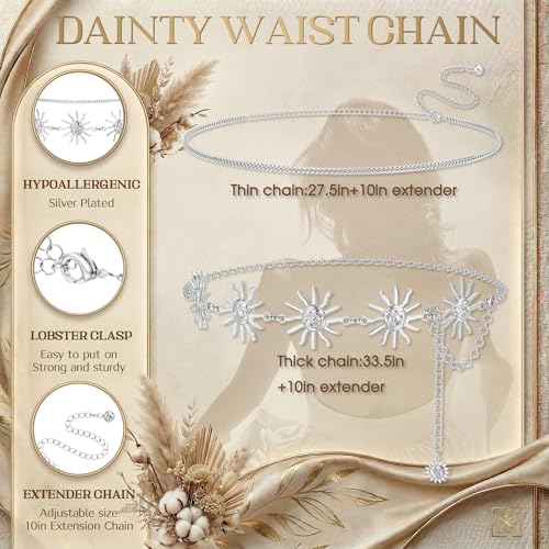 Florideco Waist Chain Belt for Women, Layered Belly Chain, Waterproof Boho Pearl Concho Cuban Body Chain, Adjustable Summer Beach Coachella Fashion Jewelry for Jeans Dresses - style: Silver Plated-Sun&Cuban Chain
