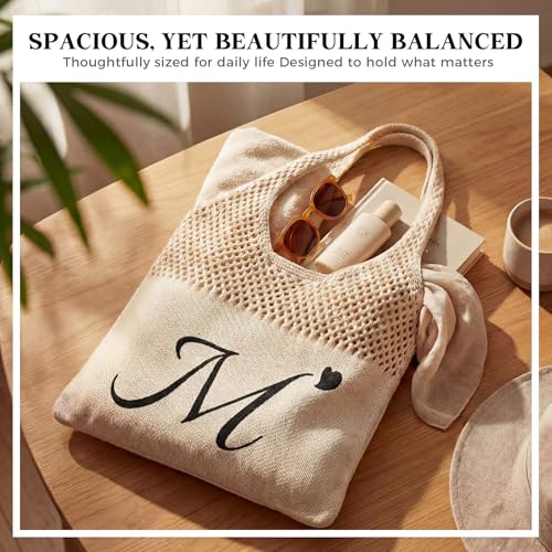 Shinylin Personalized Crochet Tote Bag for Beach Women Beige Mesh Knit Shoulder Bag Boho Aesthetic Tote for Women - style: Letter M