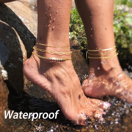 DEARMAY 14K Gold Plated Ankle Bracelets for Women Waterproof - Dainty 6Pcs Anklets Layered Cuban Link Chain Herringbone Cute Anklets Set Pack Summer Beach Jewelry Gift for Women Teen - color: Gold Anklet E