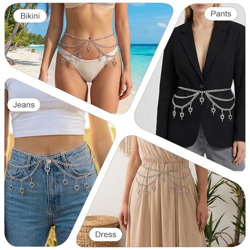 Silver Chain Belt Multi-layer Heart Waist Chain for Women Punk Silver Waist Belt Y2k Gothic Body Chains for Dresses Jeans Festivals