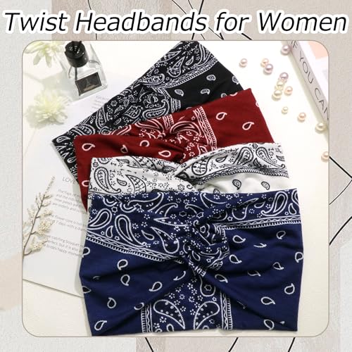 4 Pack Wide Headbands for Women Paisley Twist Hair Bands Stretchy Cross Head Turban Bandana Valentine's Day Non Slip Exercise Hair Wraps Accessories - color: Multicolor-2