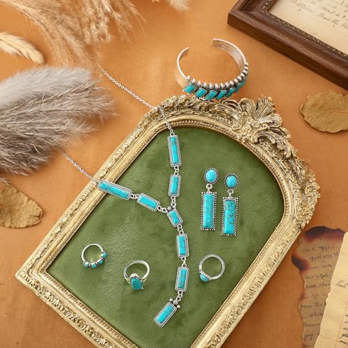 Ecally Bohemian Western Jewelry Turquoise Set Women Country Pendant Long Choker Layered Bracelets Earrings Ring for Women - color: Turquoise, style: Simple