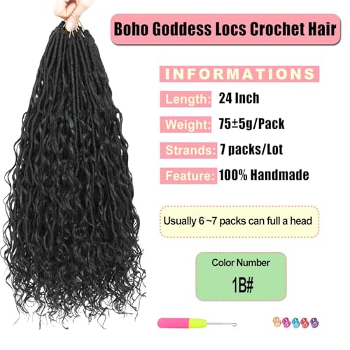 Goddess Locs Crochet Hair 7 Packs Bohemian Faux Locs Pre-Looped Braids, Boho Goddess Soft Locs Crochet Hair with Curly Ends Hair Extensions for Women (1B, 24 Inch) - color: 1B, size: 24 Inch