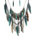 Western Peak Bohemian Tritone Tassels Metal Feathers Necklace with Earrings - style: Patina