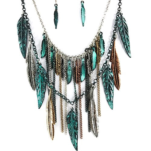 Western Peak Bohemian Tritone Tassels Metal Feathers Necklace with Earrings - style: Patina
