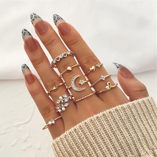 Knuckle Rings Set for Women,Simple Dainty Stackable Finger Ring Pack Minimalist Cute Butterfly Moon Heart Rings Boho Statement Jewelry Size Mixed - style: Style-A