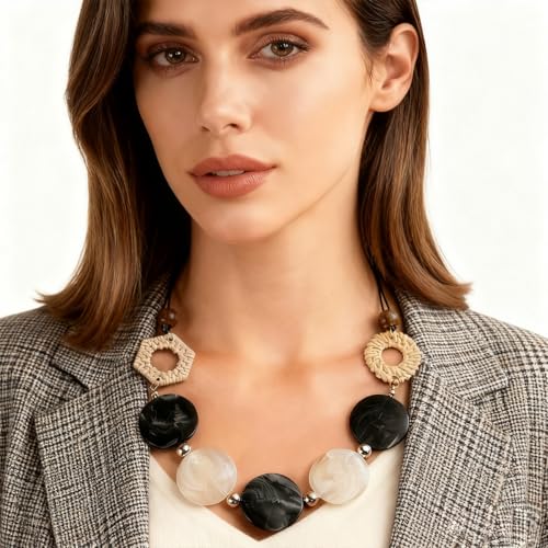 Chunky Acrylic Beaded Necklace for Women Colorful Acrylic Beaded Choker Round Beads Statement Necklace Fashion Jewelry - color: Black