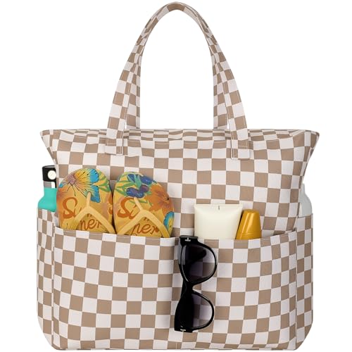 Trifabricy Beach Bags for Women Waterproof Sandproof Women Tote Bag, Large Beach Bag with Zipper for Gym Travel Vocation - color: Brown Beige Grid