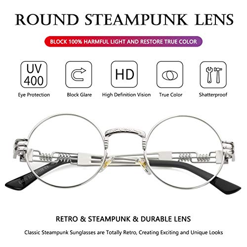 AIEYEZO Round Steampunk Sunglasses for Men Women Retro Circle Hippie Glasses Metal Frame 100% UV Blocking Lens - color: Silver/Clear