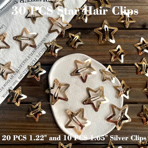 Seneeel 30 PCS Gold Star Hair Clips (1.22" & 1.65") - Snap Hair Accessories for Girls & Women - Non Slip Star Clips - Gold Metal Hair Clips - color: 1.22" 1.65"gold (30PCS)