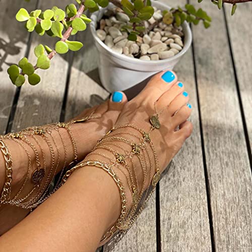 Olbye Silver Barefoot Sandals Foot Chain Jewelry Coin Anklet Bracelet for Women and Girls Beach Wedding Foot Jewelry Pack of 2 - color: Gold
