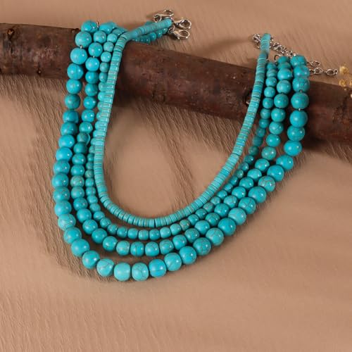 Pingyongchang Boho Layered Western Turquoise Necklaces for Women Vintage Stone Beaded Chokers Butterfly Catus Chain Country Concert Cowgirl Cowboy Jewelry Holiday Gifts - style: H 8MM