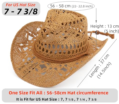Straw Cowboy Hat for Women and Men with Shapeable Wide Brim Sun Beach Western Cowgirl Hat - color: Khaki