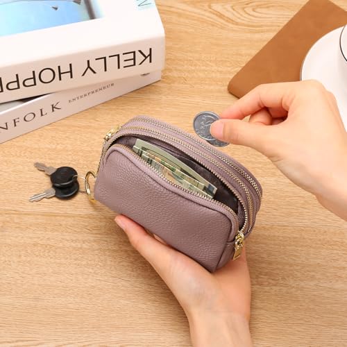SENDEFN Small Coin Purse Leather 3 Zippered Change Pouch Wallet with Key Ring for Women - color: 1-Pink