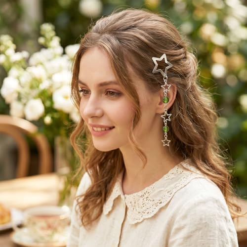 Pndeyo 2pcs Star Tassels Hair Clips for Women, Non-Slip 2000s Y2K Hair Snap Barrettes with Green Bead, Cute Star Beaded Pendant Hair Pin Accessories for Braid Long Short Thin Thick Hair- Silver - color: Silver-2pcs-A Style