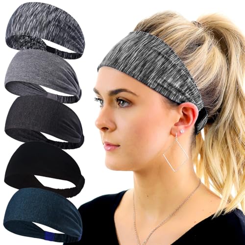 5 Pack Wide Headbands for Women, Sweat-Absorbing Sport Sweatbands, Soft Elastic Yoga Hairbands, Comfortable Hair Bands for Fitness Workout Travel Exercise - color: Black, Dark Gray, Light Gray, Dark Green, Striped Black
