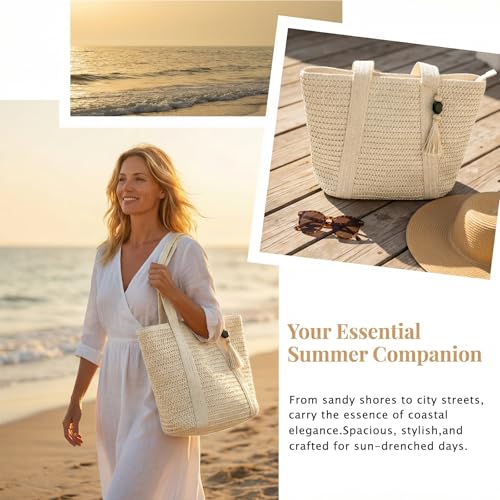 Large Straw Beach Tote Bags For Women Woven Boho Handmade Shoulder Handbags for Summer Vacation Travel with Tassels - color: Beige