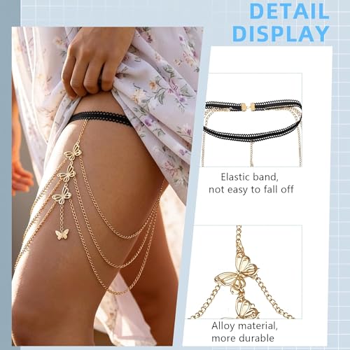 Boho Thigh Chain with Pearl Butterfly Charms Layered Gold Thigh Chain for Women Elastic Lace Leg Chain Bikini Body Jewelry for Summer Beach Party Practical Present