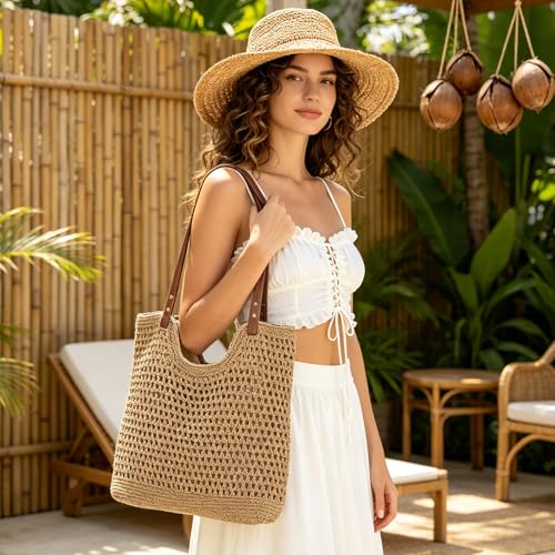 GOKTOW Crochet Beach Bag Women Woven Tote Handbag Casual Boho Bags Large Shoulder Purse For Summer Vacation Travel - color: Brown