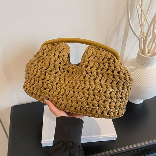 Women's handmade woven handbag beach vacation handbag straw crossbody bag - color: Ginger Yellow