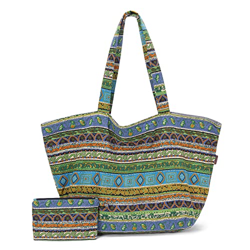 OPQRSTU Women Hippie Tote Hand Bag Large Capacity Bohemian Bag Portable Tourist Shoulder Bags - color: Green